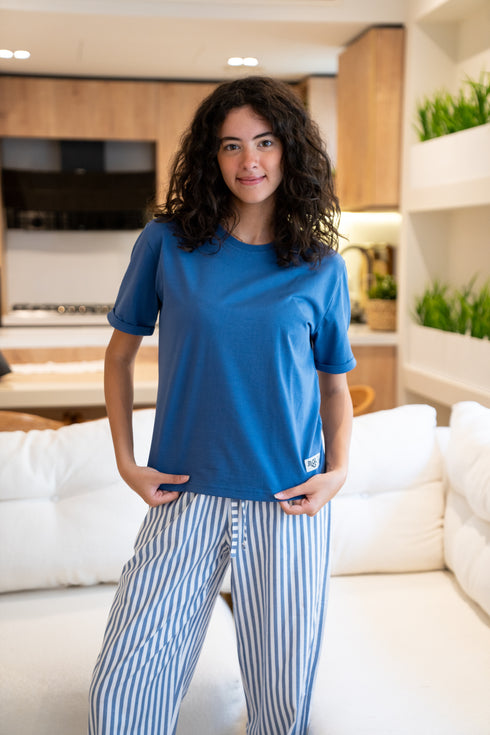Women summer pajama set Indigo Tee + White X Indigo Stripes Pants
